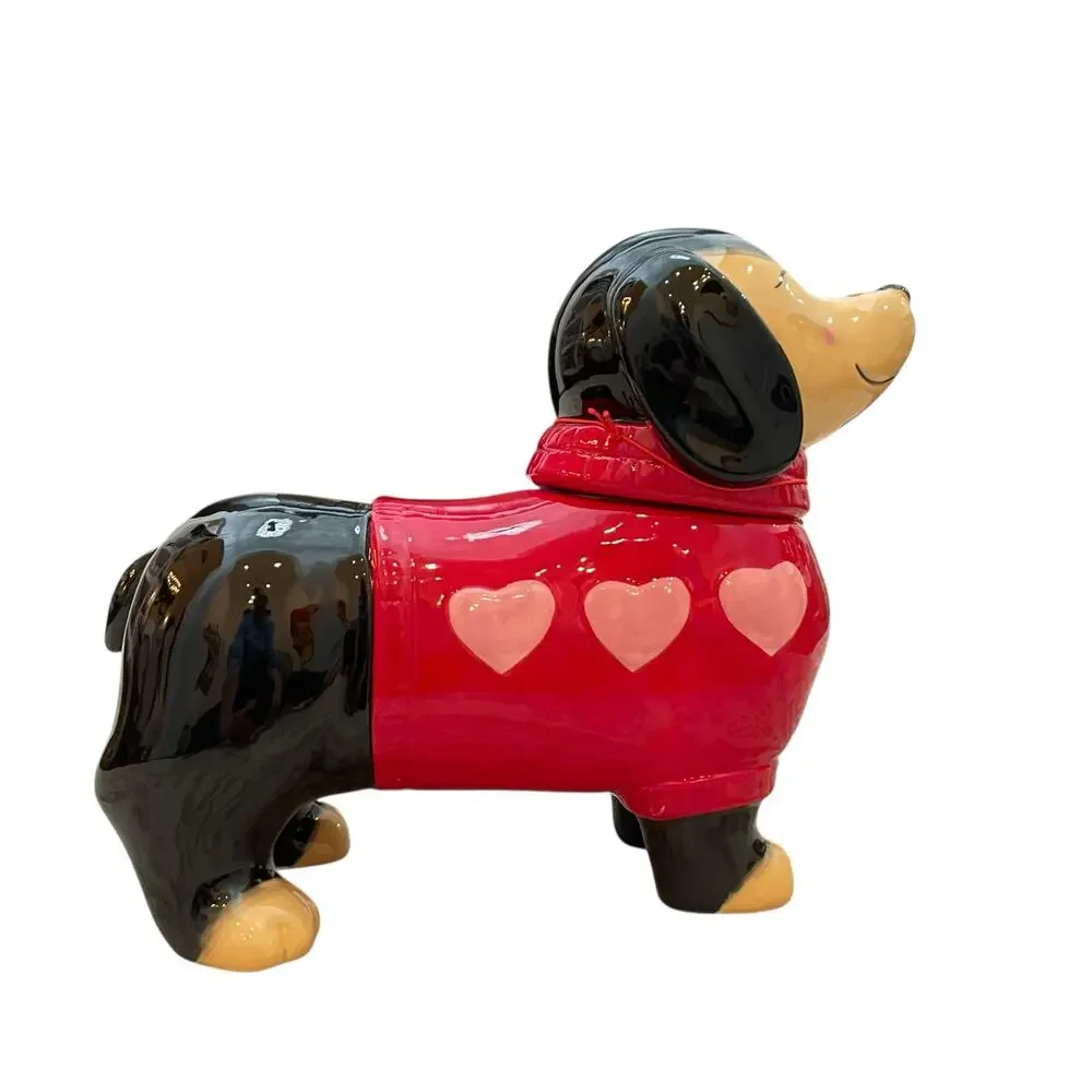 NEW Valentine's Dog Dachshund Cookie Jar Red Sweater Pink Hearts Hand Painted